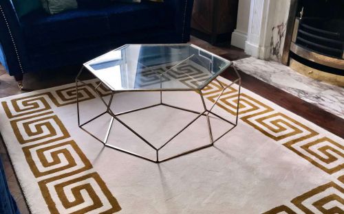 Hand tufted Cream rug with over sized gold greek key design