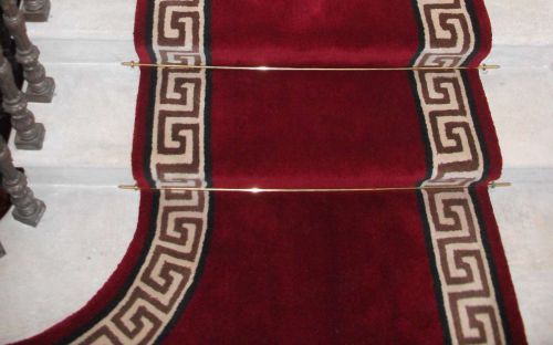Hand tufted red stair carpet with greek key border